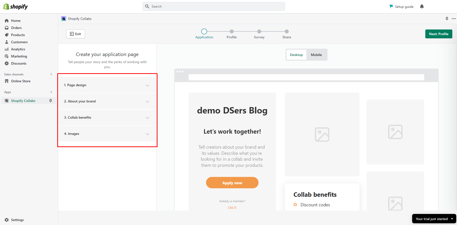 Create your application page - DSers