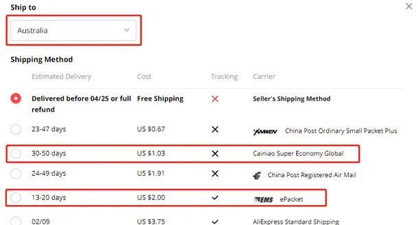 AliExpress product details shipping method country details - DSers