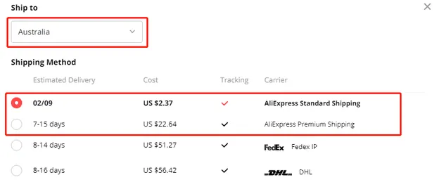 AliExpress product details shipping method country details availability - DSers