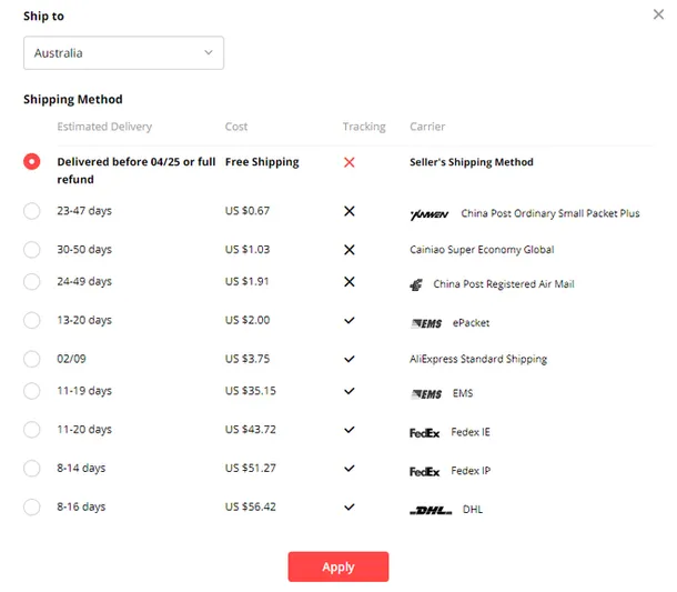 AliExpress product details shipping method details - DSers