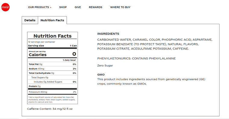 Coca-Cola®  Zero Sugar Nutrition Facts