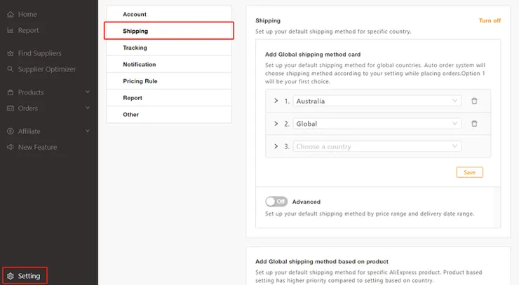 DSers Setting Shipping - DSers