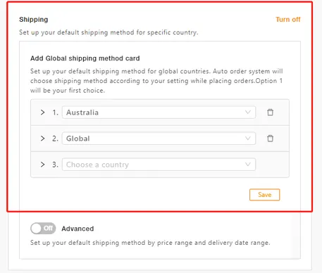 DSers Setting Shipping country selection - DSers