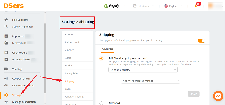 shipping setting - DSers