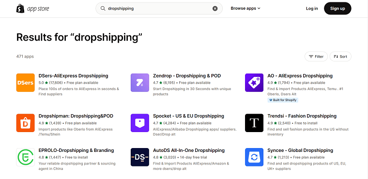 Shopify App Store Page Results for 'dropshipping' DSers Ranks the First with over 17,000 5 stars - DSers