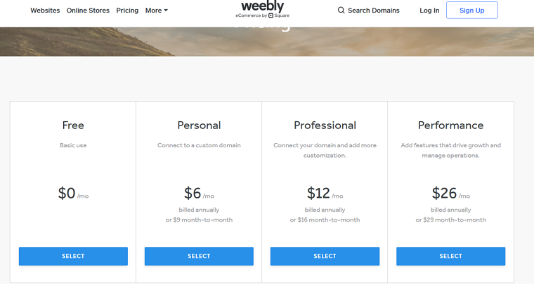 Weebly pricing plans
